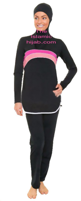 New black with pink line style Modest swim suite15